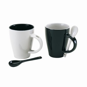 Set koffiebekers Black & White met mogelijkheid om bijgeleverde lepeltjes in het oortje op te bergen, zwart, wit