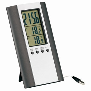 Binnen / buiten thermometer met LCD display met de binnen en buiten temperatuur en de tijd Tevens heeft het artikel een alarmfunctie, zilver, antraciet