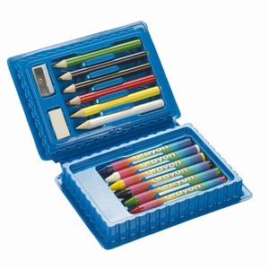 14 delig tekensetje met gum, puntenslijper, potloden en waskrijt verpakt in een doosje, blauw