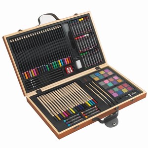 88-delig tekenset in houten doos met oa verfkwastjes, stiften, kleurpotloden en wascoÂ´s, diverse kleuren