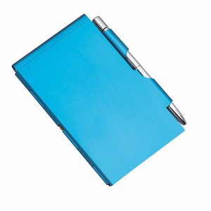 Aluminium notitieboekje met balpen. Blauw.